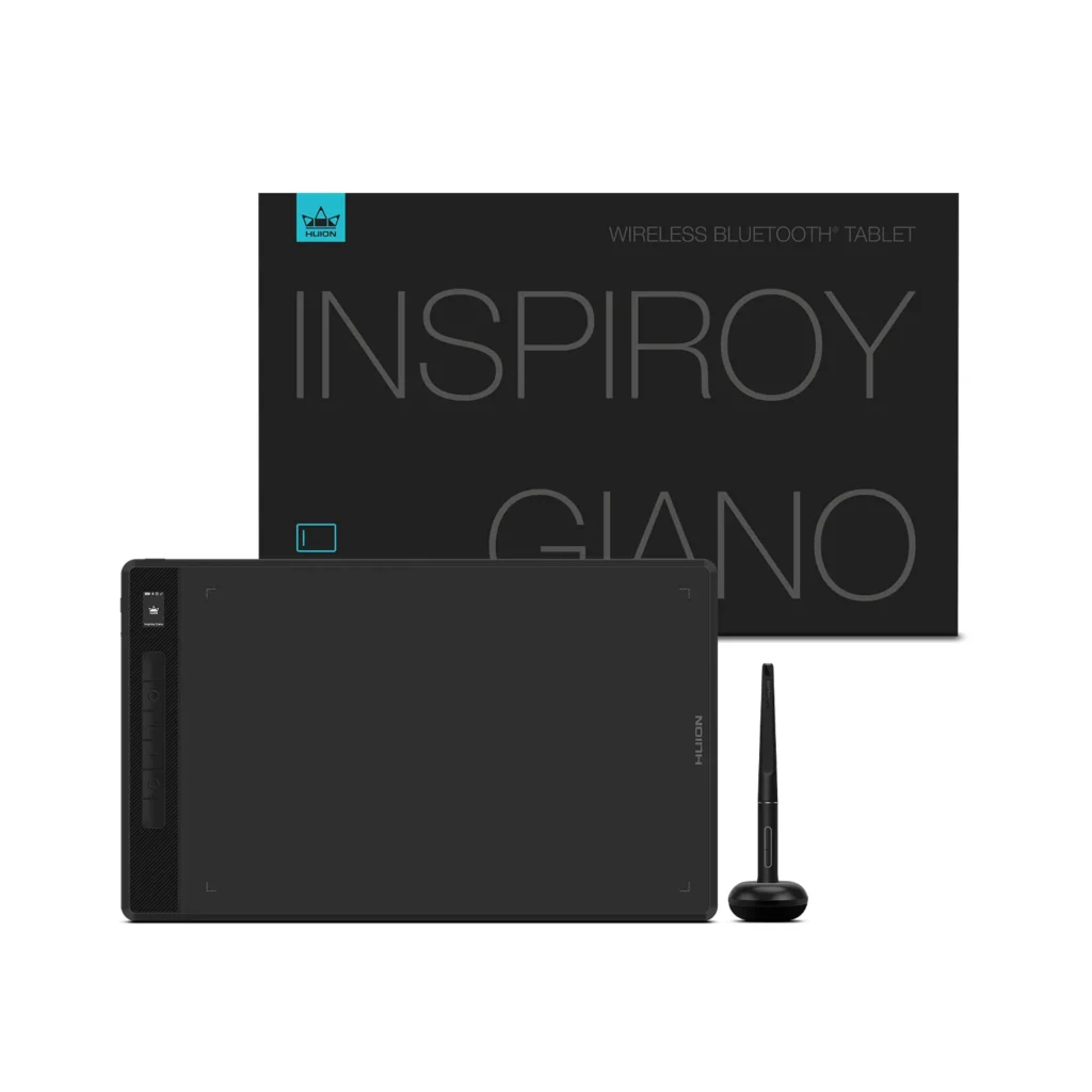 tableta gráfica Huion Inspiroy Giano con su caja y lapiz, la más grande de su categoría
